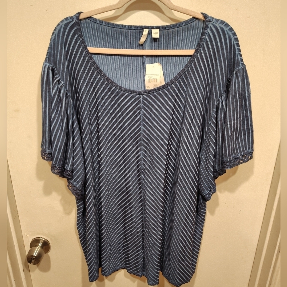 Cato C Est. 1946 Women's NWT Blue Stripe Stretch Knit Top Sz 26/28W Lace Trim